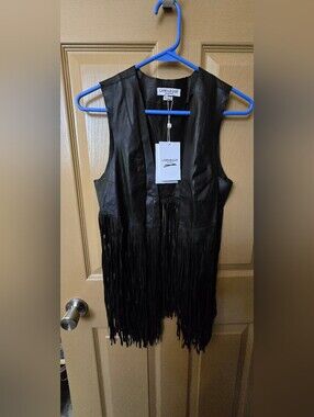 New Lamarque Black Leather Fringe Sleeveless Vest